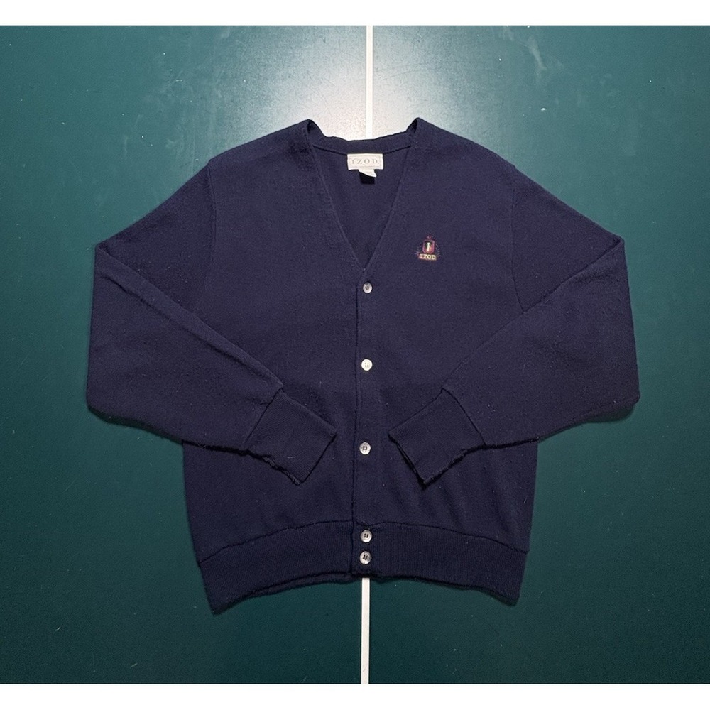Vintage Izod Cardigan Sweater Mens Medium Navy Blue Button Front Knit Preppy USA